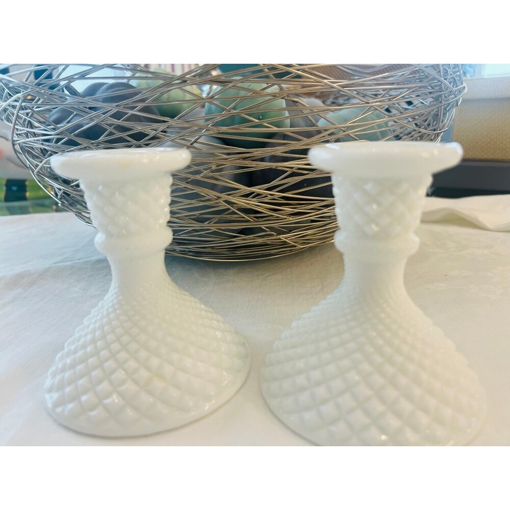 Vintage Westmoreland white milk glass taper candle holders in English Hobnail 4”